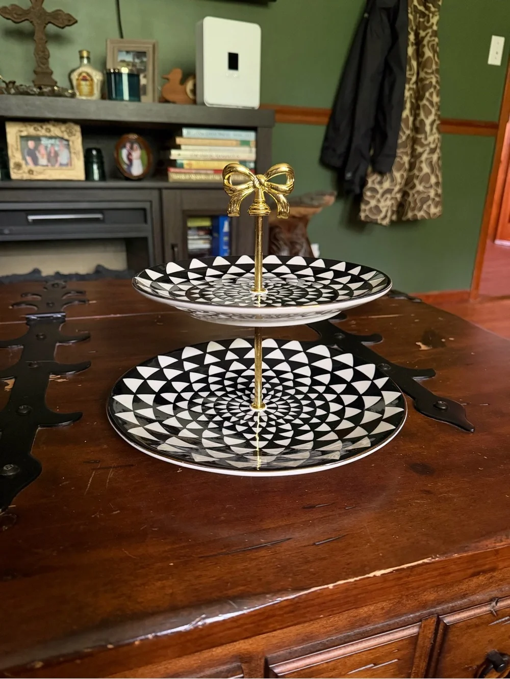 Black & White Geometric Two-Tier Serving Stand with Gold Bow Handle - Handmade